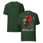 Front and plain back of forest green T-shirt with samurai beside a green bonsai and red sun with Bonsai Life Co. lettering on front