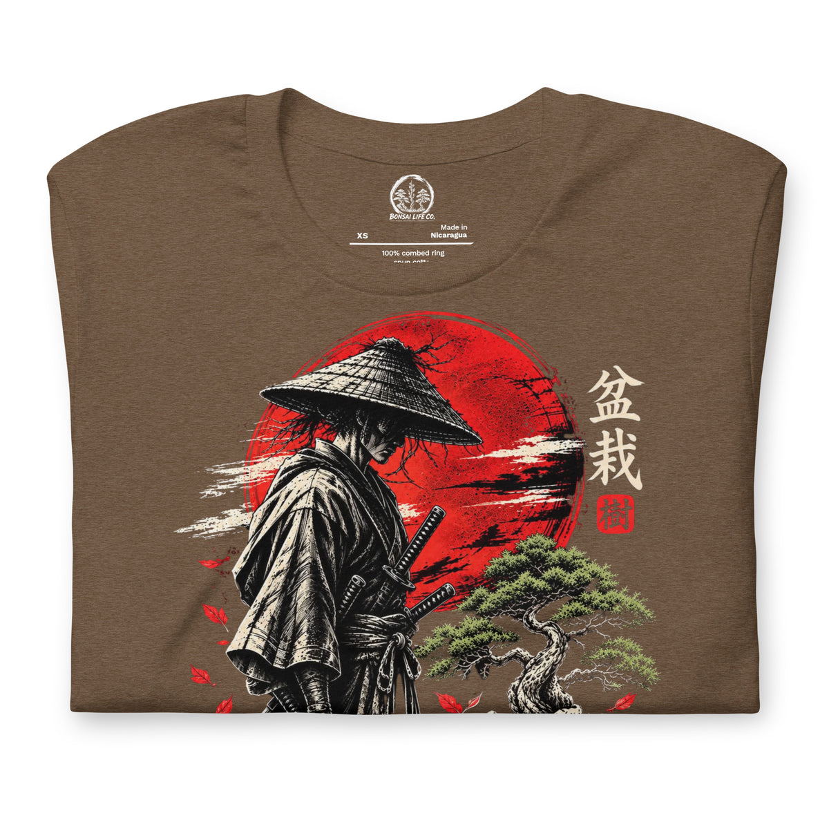 Folded heathered brown T-shirt showing samurai beside a green bonsai and red sun with Bonsai Life Co. lettering