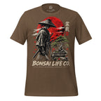 Front of heathered brown T-shirt with samurai beside a green bonsai and red sun with Bonsai Life Co. lettering