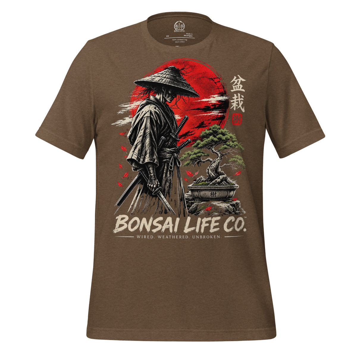 Front of heathered brown T-shirt with samurai beside a green bonsai and red sun with Bonsai Life Co. lettering