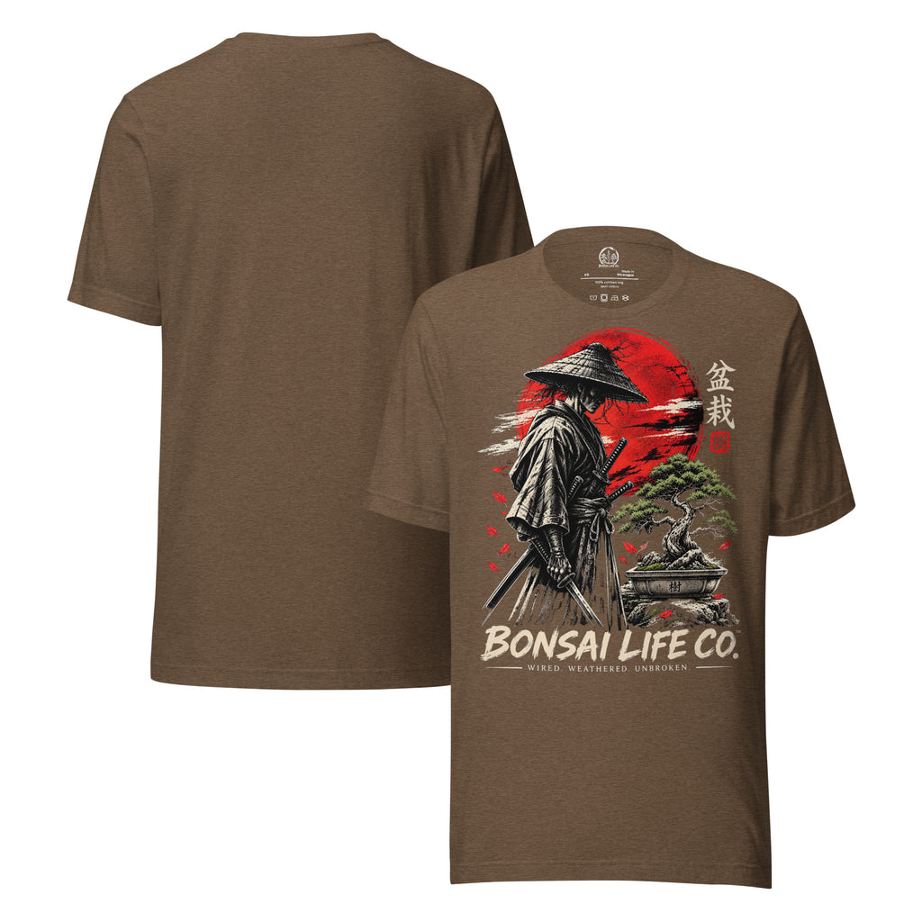 Front and plain back of heathered brown T-shirt with samurai beside a green bonsai and red sun with Bonsai Life Co. lettering on front