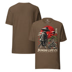 Front and plain back of heathered brown T-shirt with samurai beside a green bonsai and red sun with Bonsai Life Co. lettering on front