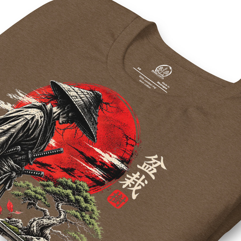 Close-up of samurai beside a green bonsai and red sun with Bonsai Life Co. lettering on heathered brown T-shirt