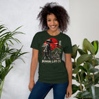 Model wearing heathered dark green T-shirt with samurai beside a green bonsai and red sun with Bonsai Life Co. lettering, beside leafy plants
