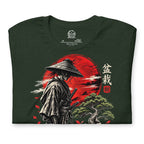Folded heathered dark green T-shirt showing samurai beside a green bonsai and red sun with Bonsai Life Co. lettering