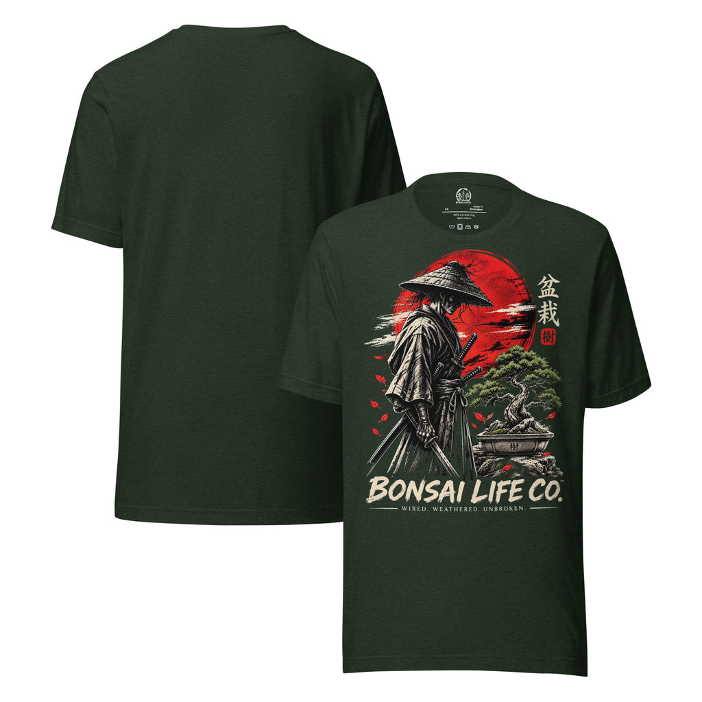 Front and plain back of heathered dark green T-shirt with samurai beside a green bonsai and red sun with Bonsai Life Co. lettering on front