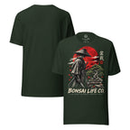 Front and plain back of heathered dark green T-shirt with samurai beside a green bonsai and red sun with Bonsai Life Co. lettering on front