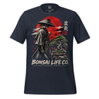 Front of heathered navy blue T-shirt with samurai beside a green bonsai and red sun with Bonsai Life Co. lettering