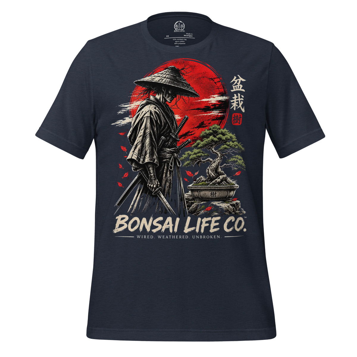 Front of heathered navy blue T-shirt with samurai beside a green bonsai and red sun with Bonsai Life Co. lettering