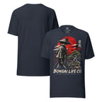 Front and plain back of heathered navy blue T-shirt with samurai beside a green bonsai and red sun with Bonsai Life Co. lettering on front