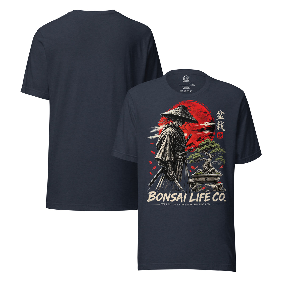 Front and plain back of heathered navy blue T-shirt with samurai beside a green bonsai and red sun with Bonsai Life Co. lettering on front