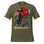Front of heathered olive green T-shirt with samurai beside a green bonsai and red sun with Bonsai Life Co. lettering