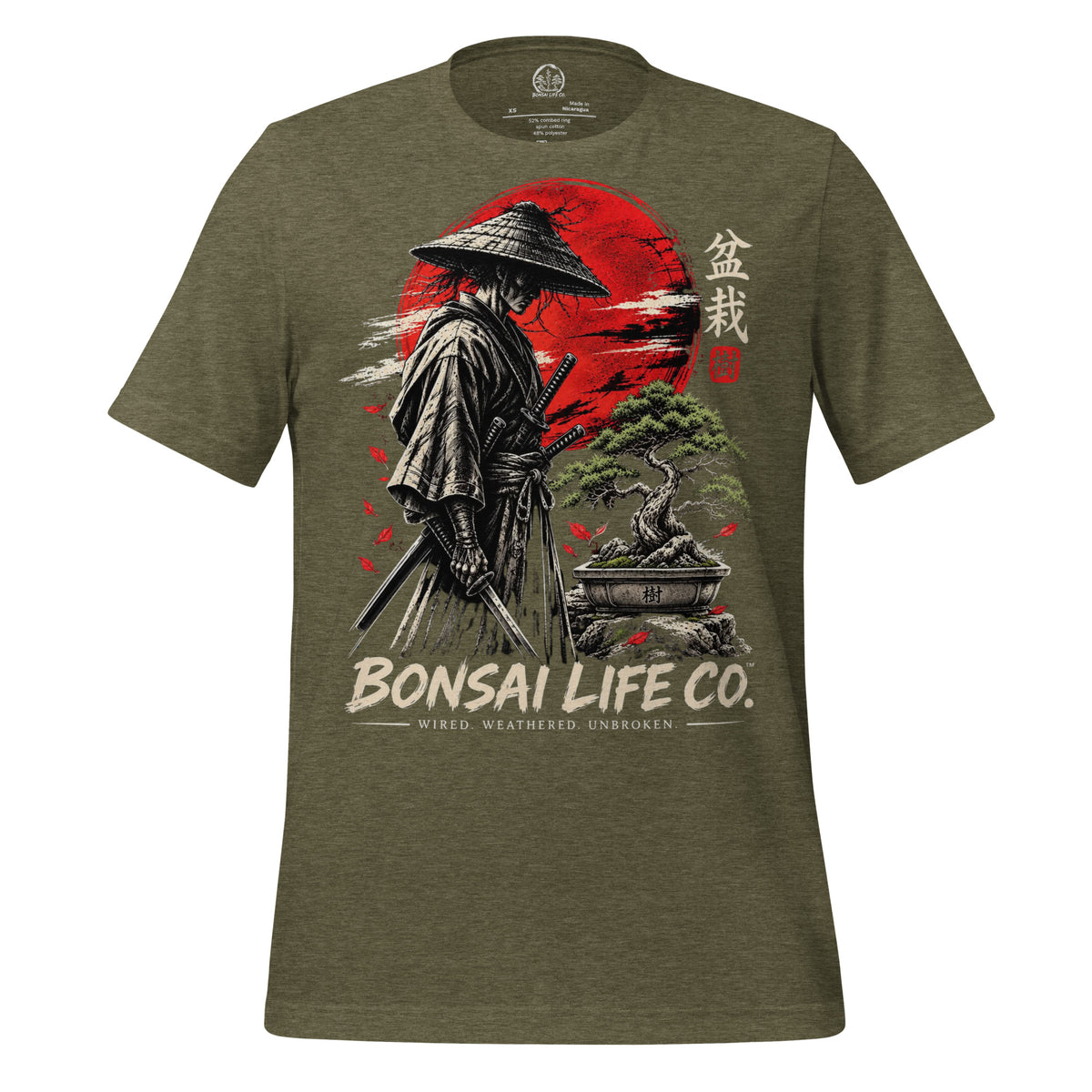 Front of heathered olive green T-shirt with samurai beside a green bonsai and red sun with Bonsai Life Co. lettering