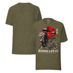 Front and plain back of heathered olive green T-shirt with samurai beside a green bonsai and red sun with Bonsai Life Co. lettering on front