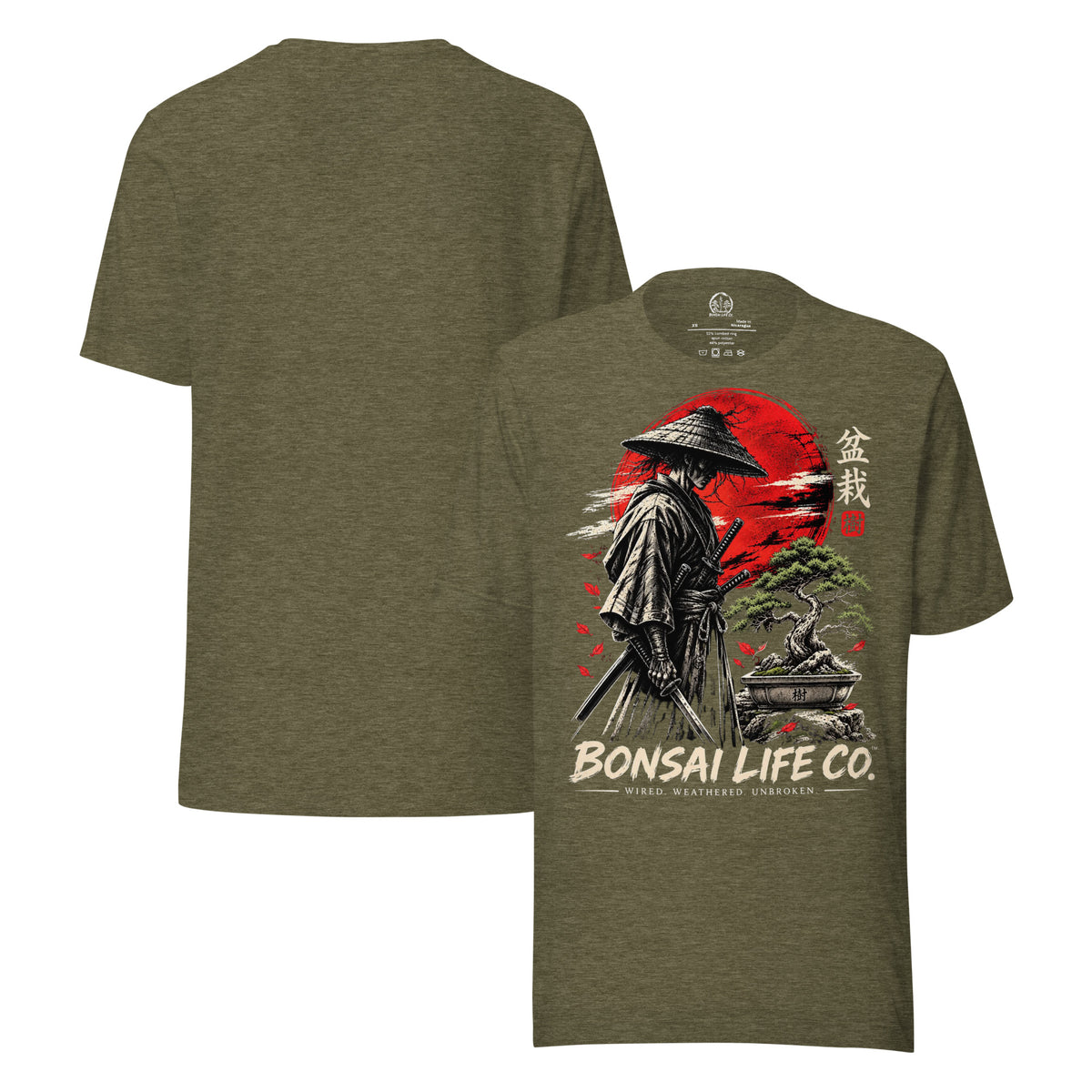 Front and plain back of heathered olive green T-shirt with samurai beside a green bonsai and red sun with Bonsai Life Co. lettering on front