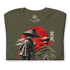 Folded muted olive green T-shirt showing samurai beside a green bonsai and red sun with Bonsai Life Co. lettering