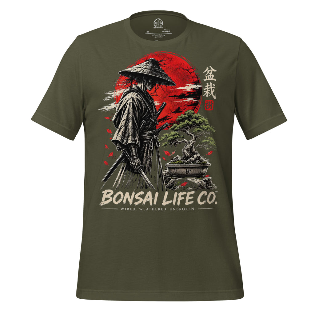 Front of muted olive green T-shirt with samurai beside a green bonsai and red sun with Bonsai Life Co. lettering