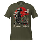 Front of muted olive green T-shirt with samurai beside a green bonsai and red sun with Bonsai Life Co. lettering