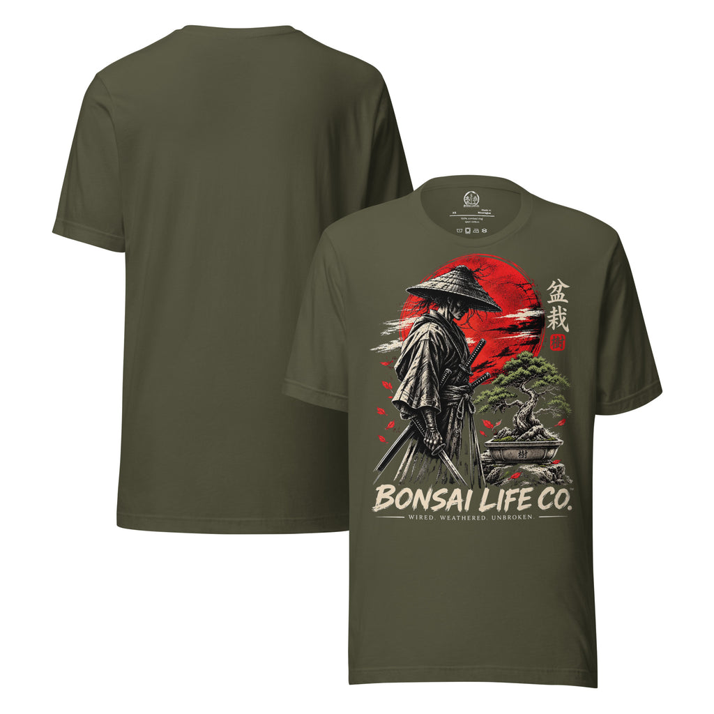 Front and plain back of muted olive green T-shirt with samurai beside a green bonsai and red sun with Bonsai Life Co. lettering on front