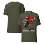Front and plain back of muted olive green T-shirt with samurai beside a green bonsai and red sun with Bonsai Life Co. lettering on front