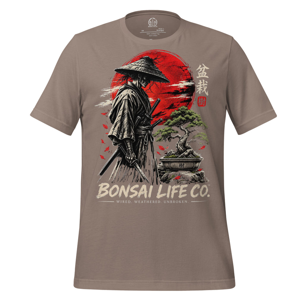Front of taupe T-shirt with samurai beside a green bonsai and red sun with Bonsai Life Co. lettering
