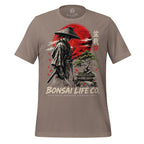Front of taupe T-shirt with samurai beside a green bonsai and red sun with Bonsai Life Co. lettering