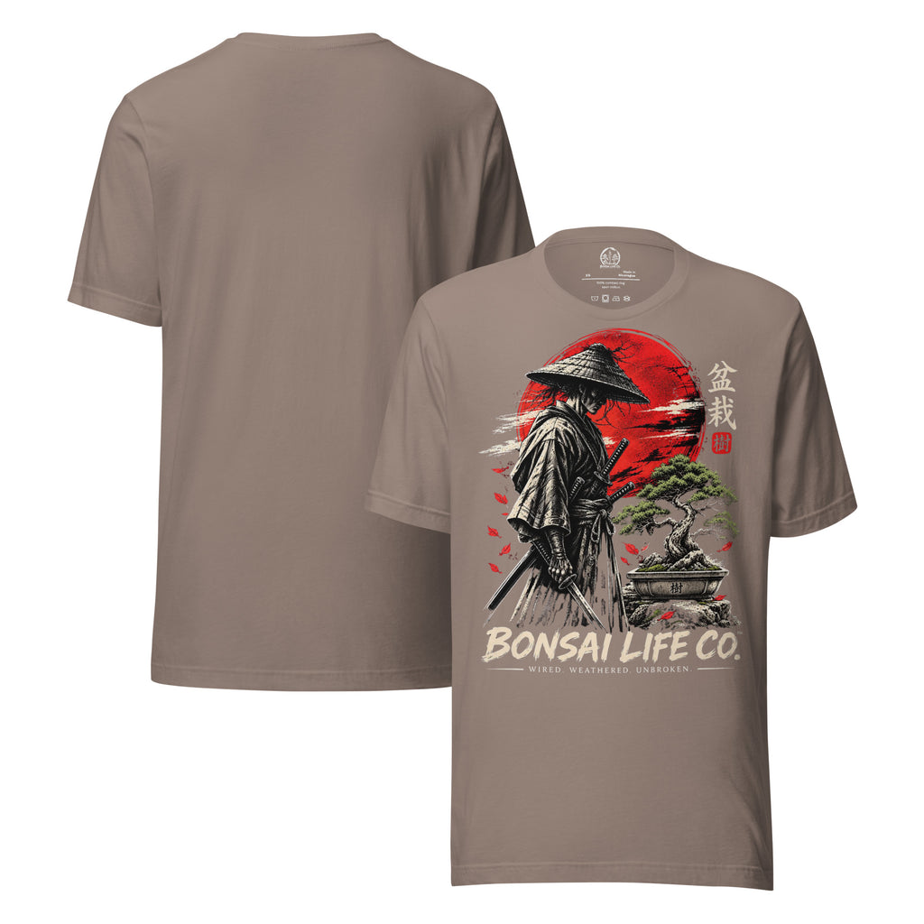 Front and plain back of taupe T-shirt with samurai beside a green bonsai and red sun with Bonsai Life Co. lettering on front
