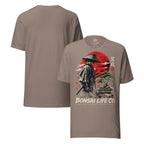 Front and plain back of taupe T-shirt with samurai beside a green bonsai and red sun with Bonsai Life Co. lettering on front