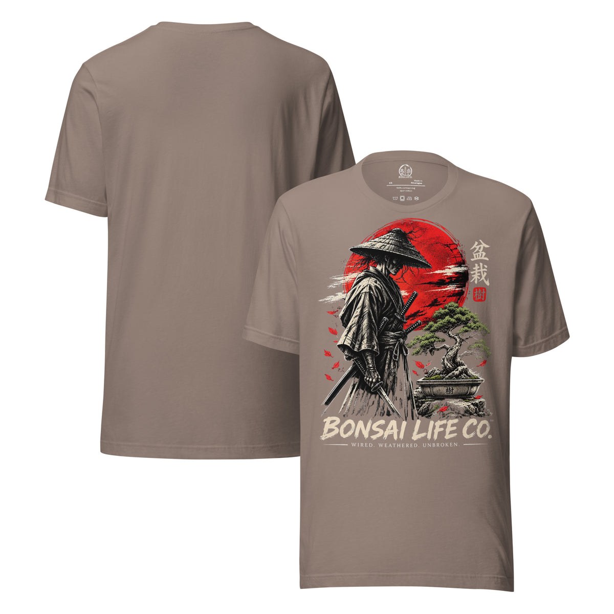 Front and plain back of taupe T-shirt with samurai beside a green bonsai and red sun with Bonsai Life Co. lettering on front