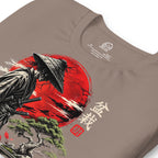 Close-up of samurai beside a green bonsai and red sun with Bonsai Life Co. lettering on taupe T-shirt