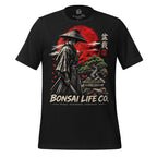 Front of vintage black T-shirt with samurai beside a green bonsai and red sun with Bonsai Life Co. lettering