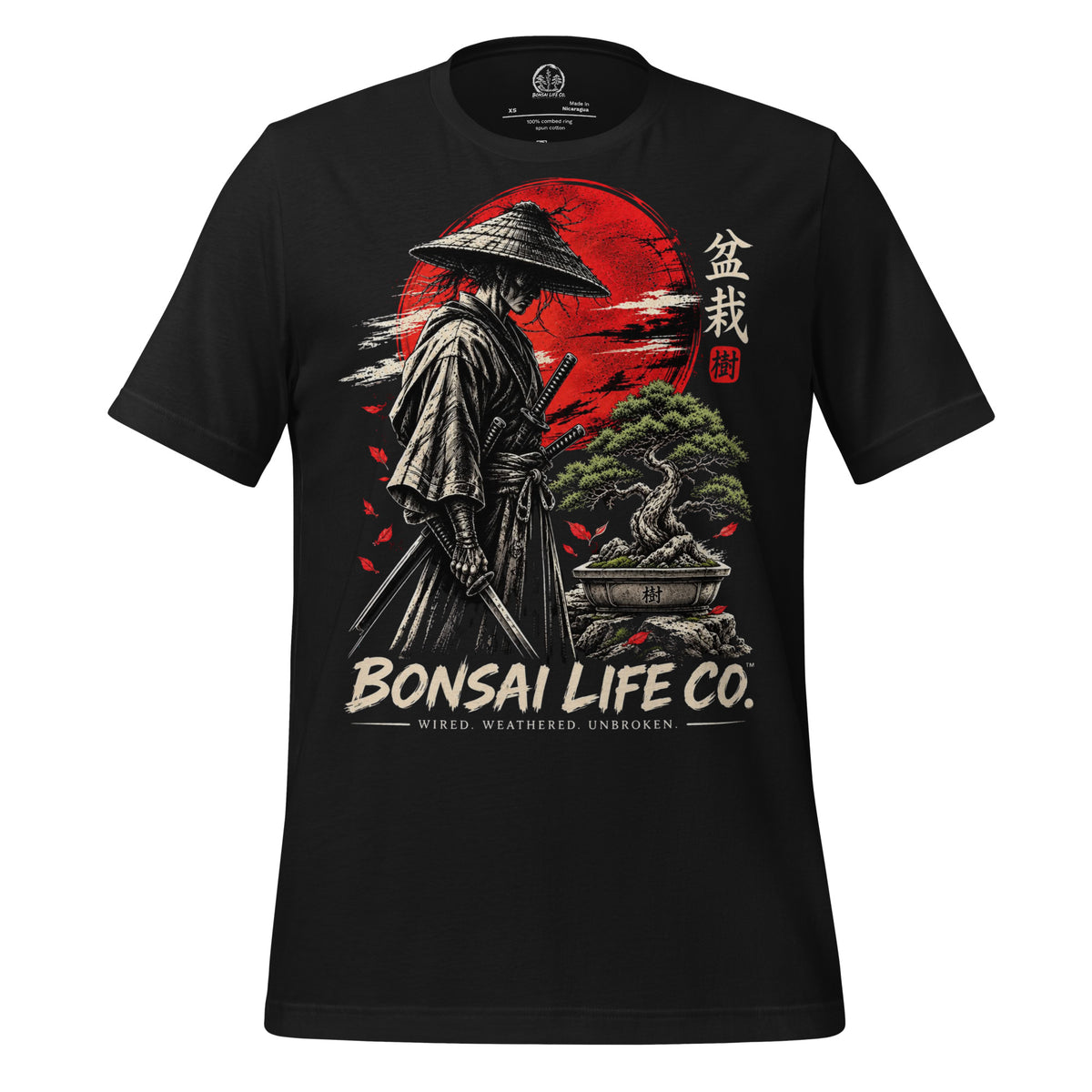 Front of vintage black T-shirt with samurai beside a green bonsai and red sun with Bonsai Life Co. lettering