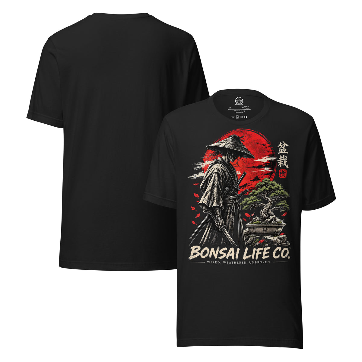 Front and plain back of vintage black T-shirt with samurai beside a green bonsai and red sun with Bonsai Life Co. lettering on front