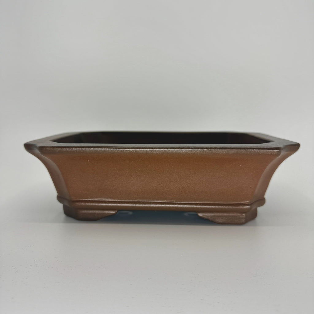 Brown rectangular bonsai pot with flared sides, clipped corners and low sculpted feet