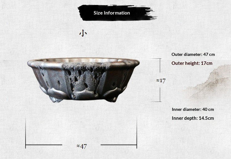 18.5" Lotus Yixing Zisha Clay Bonsai Pot - Wood-Fired — labeled outside and inside measurements