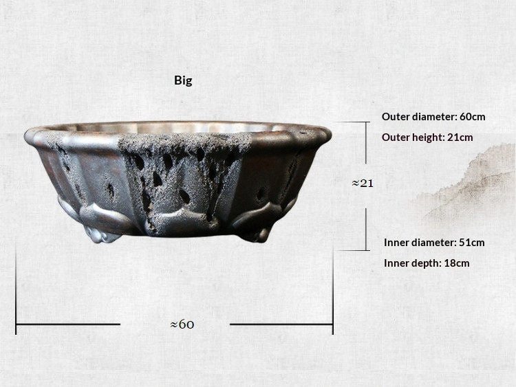 23.6" Lotus Yixing Zisha Clay Bonsai Pot - Wood-Fired — labeled outside and inside measurements