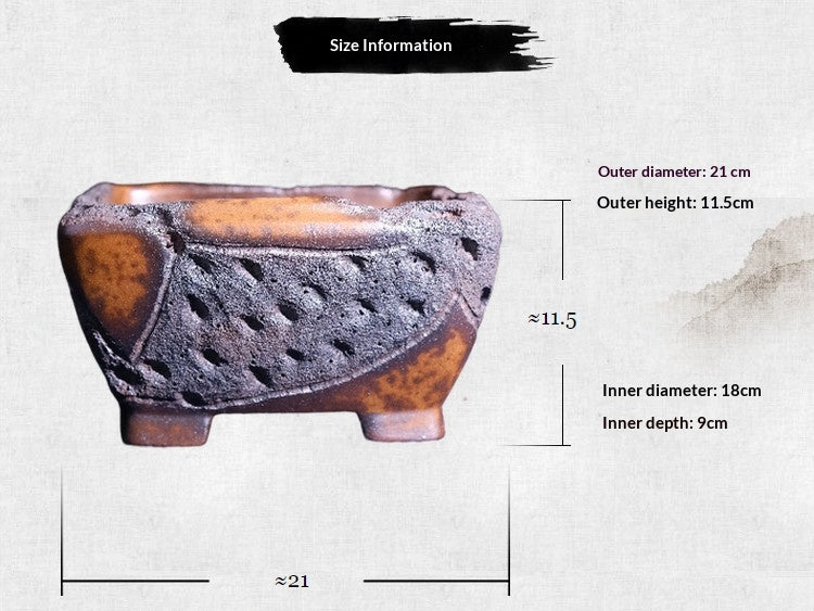 8.3" Square Yixing Zisha Clay Bonsai Pot - Wood-Fired Texture — labeled outside and inside measurements