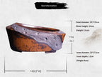 11.6" Oval Yixing Zisha Clay Bonsai Pot - Wood-Fired, Asymmetric Rim — labeled outside and inside measurements