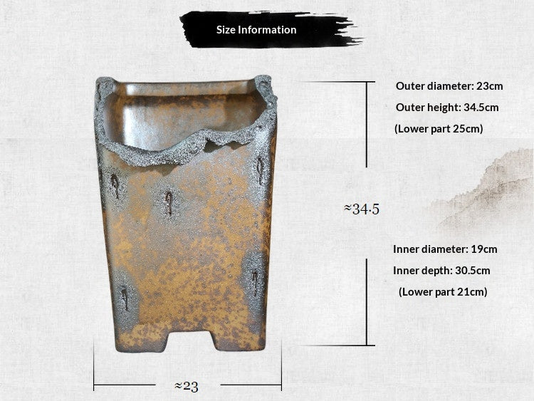 9.1" Cascade Yixing Zisha Clay Bonsai Pot - Wood-Fired, Sculpted Rim — labeled outside and inside measurements